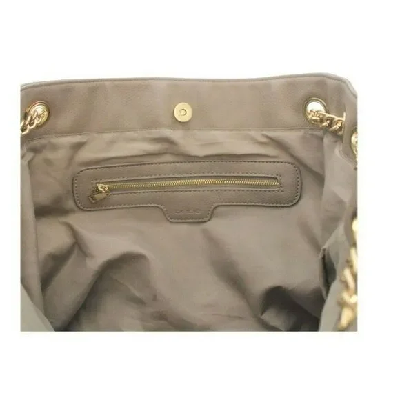 BEBE Tote Shopper Bag Lg Vegan Leather Gold Tone Chain Dark Beige Style Whitney